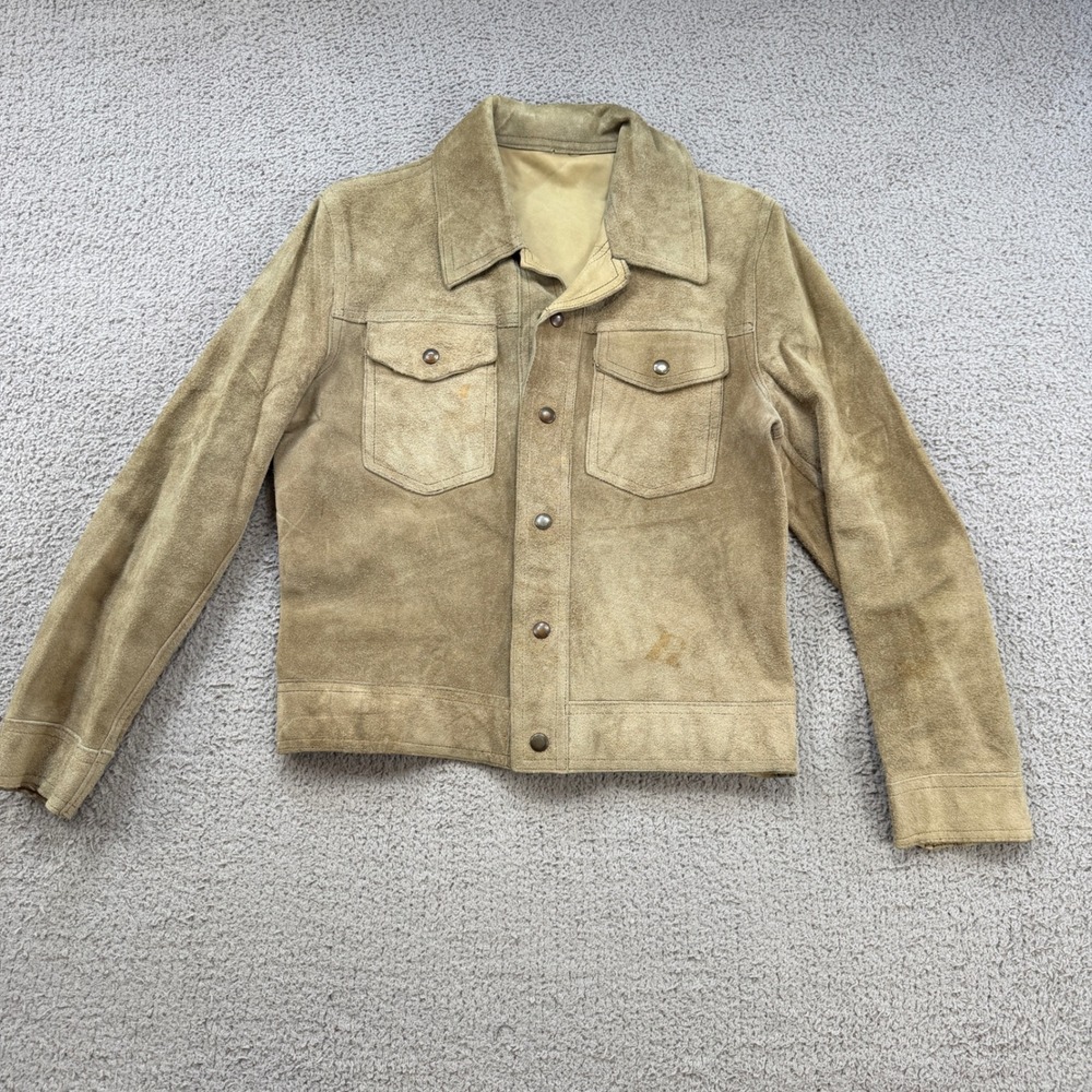 Vintage 70s Tan Suede Leather Trucker Jacket Western Boho Women Small Moto